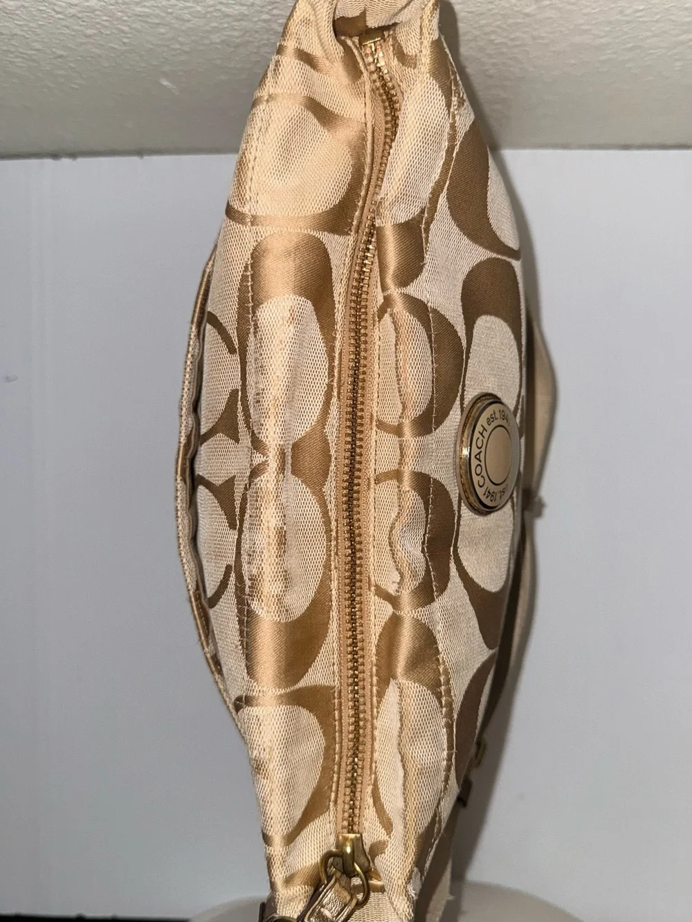 Coach Beige Signature Logo Shoulder Bag with Metallic Trim